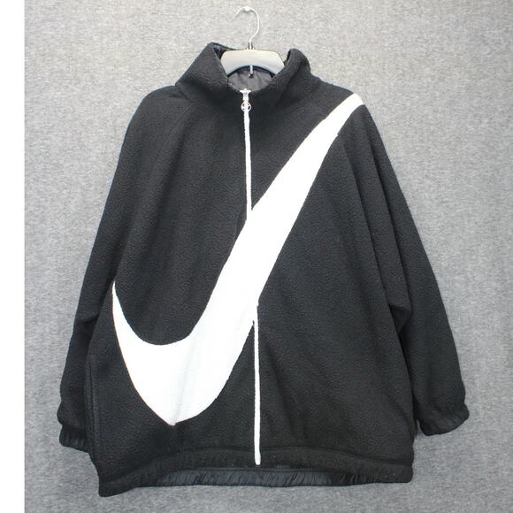 Nike Big Swoosh Reversible Boa Jacket Fleece Sherpa L Black Oversized Winter - Picture 1 of 9